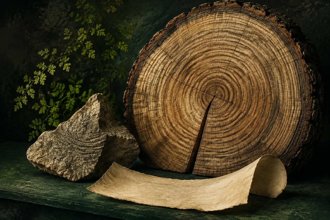 Illustration symbolique d'un disque de bois, d'une pierre et d'un parchemin